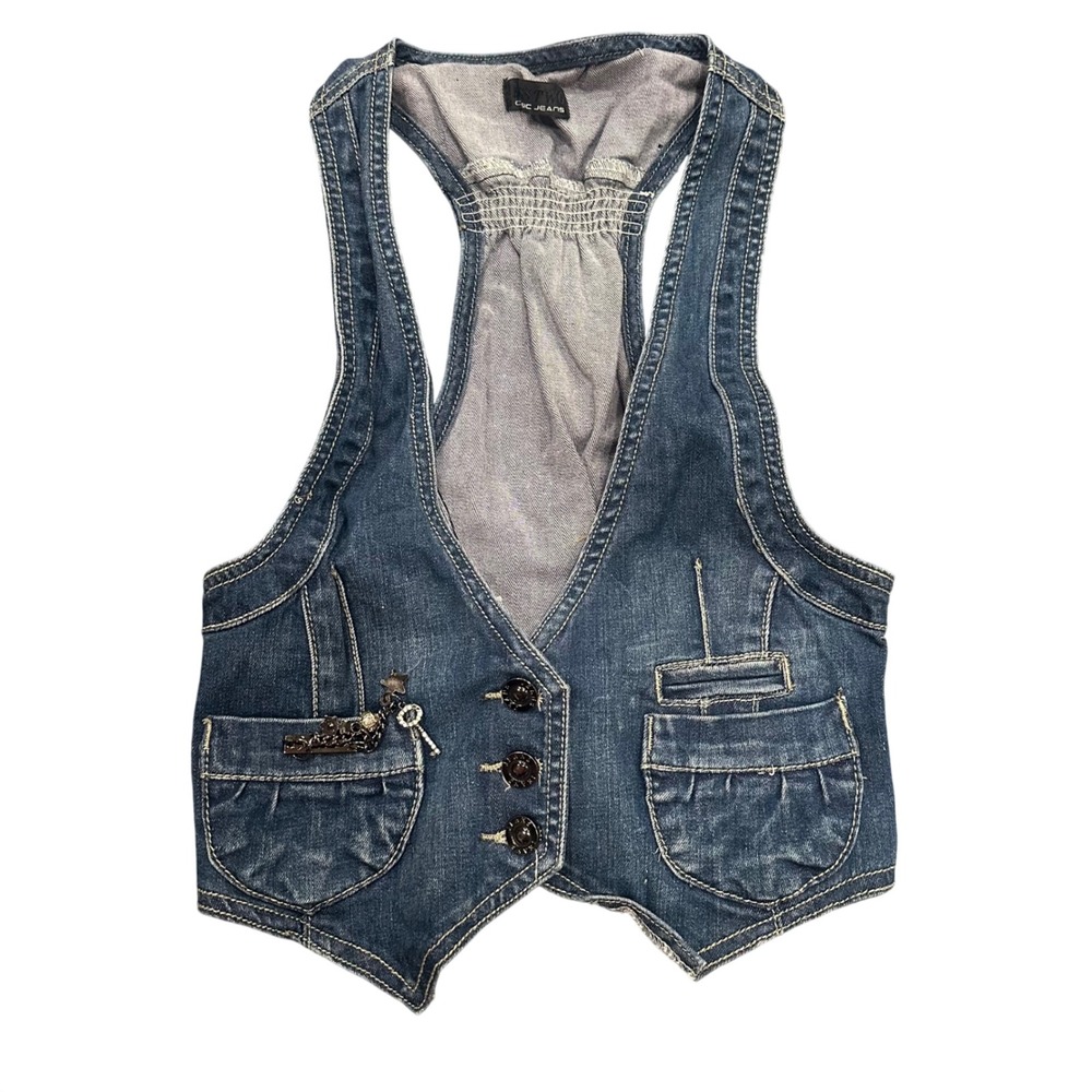 Miss Two Classic Jeans Womens Denim Vest Racerback Smocked Blue Medium Wash M